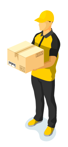 an illustration of a delivery person (courier) carrying a package box